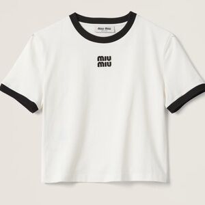 Miu Miu White Short Sleeve Ringer Tee with Black Trim